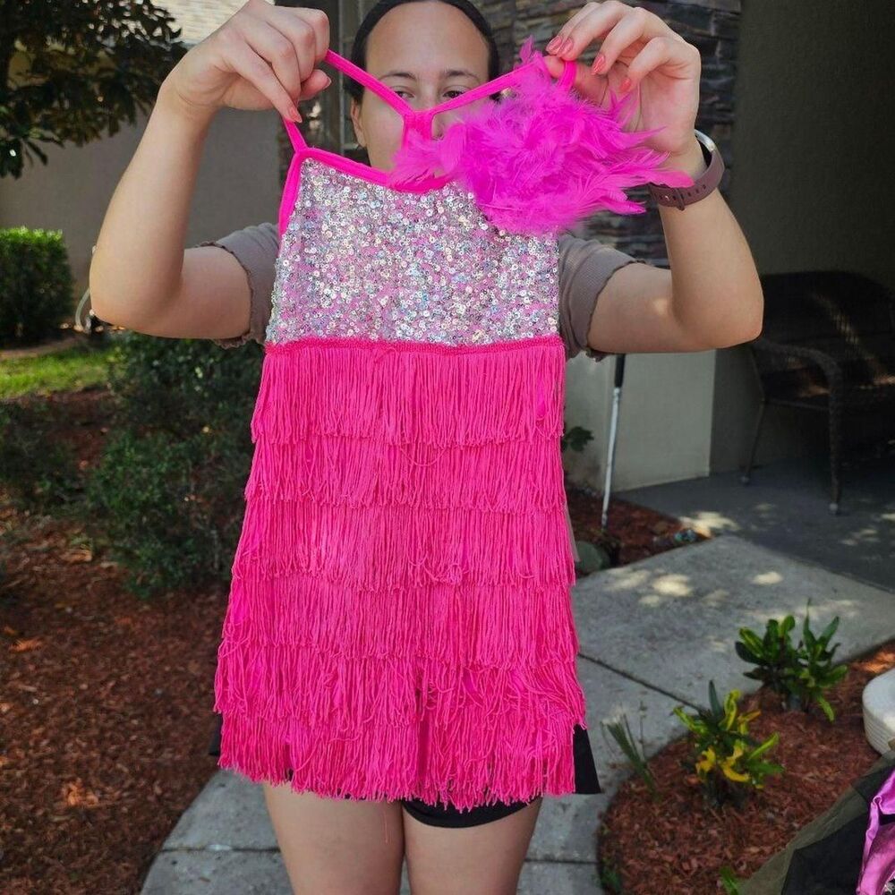 Weissman Hot Pink Sequin and Tiered Fringe Girls Jazz Dance Costume